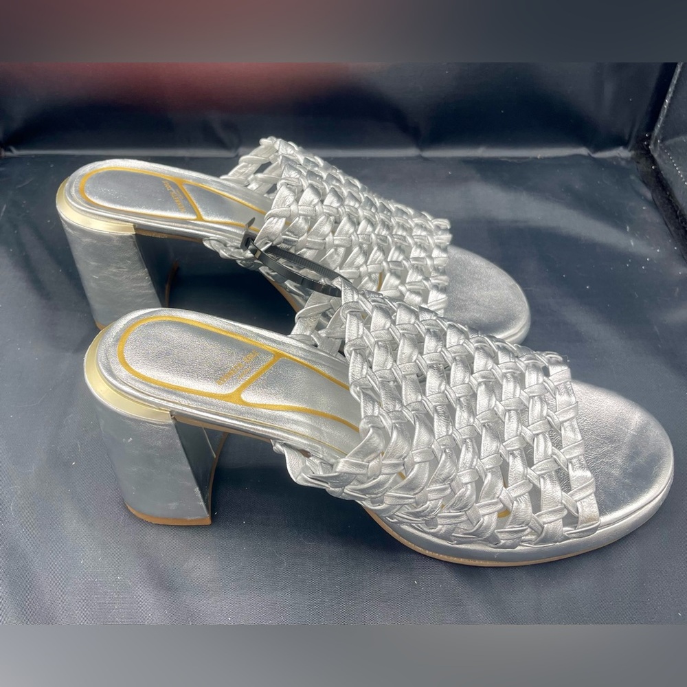 Kenneth Cole Solara Metallic Leather Woven Heel Sandal - Women’s Size 10 Silver